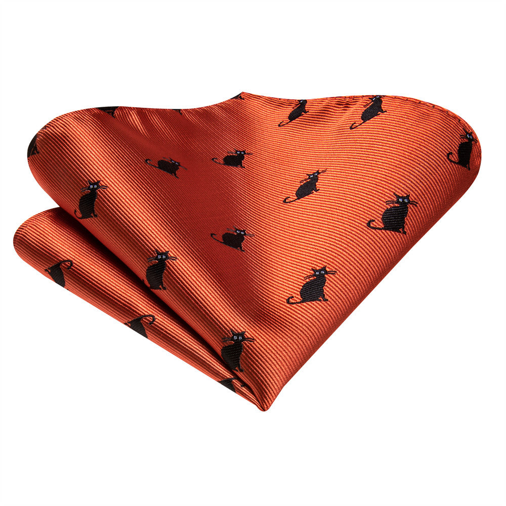 Orange & Black Cat Necktie Set with Pocket Square and Cufflinks tie sets    - Sophisticated Gentlemen