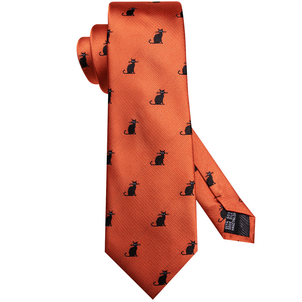 Orange & Black Cat Necktie Set with Pocket Square and Cufflinks tie sets    - Sophisticated Gentlemen