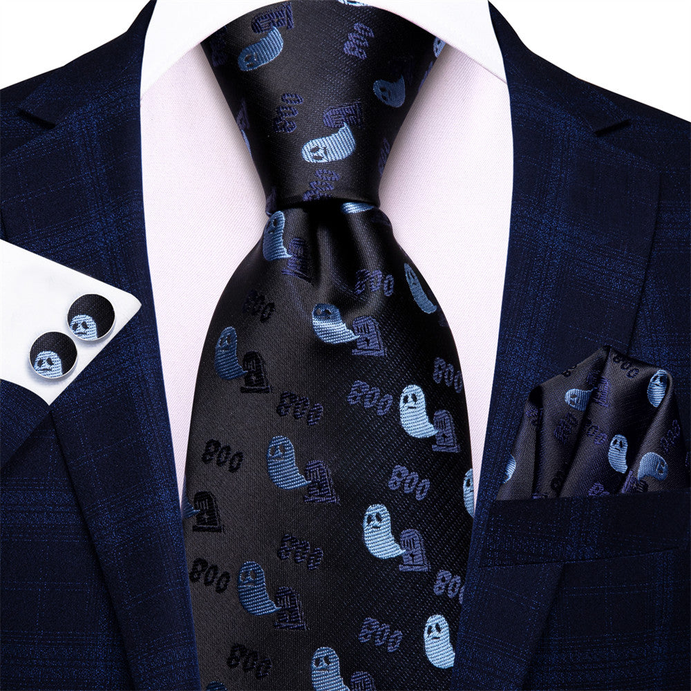 Halloween Black & Blue Ghost Necktie Set with Pocket Square and Cufflinks tie sets    - Sophisticated Gentlemen