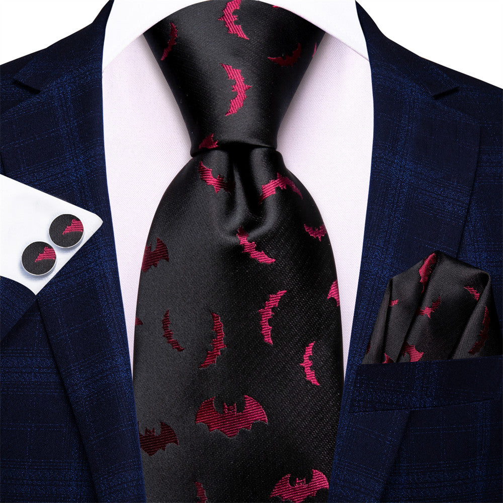 Black & Red Bat Necktie Set with Matching Hanky and Cufflinks tie sets    - Sophisticated Gentlemen