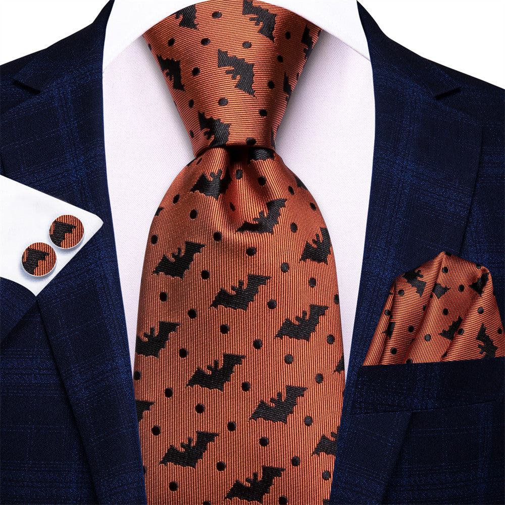 Orange & Black Bat Tie, Pocket Square, and Cufflinks Set tie sets    - Sophisticated Gentlemen