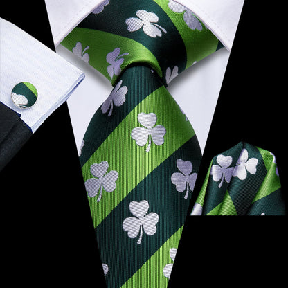 Emerald Shamrock Silk Tie, Pocket Square & Cufflinks Set tie sets - Sophisticated Gentlemen