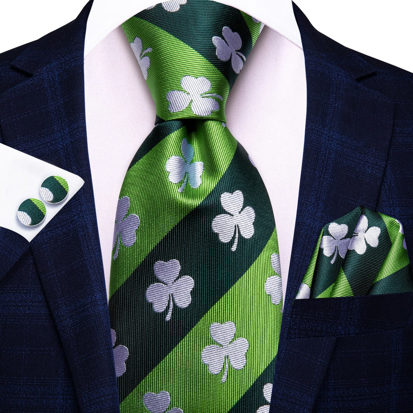 Emerald Shamrock Silk Tie, Pocket Square & Cufflinks Set tie sets - Sophisticated Gentlemen