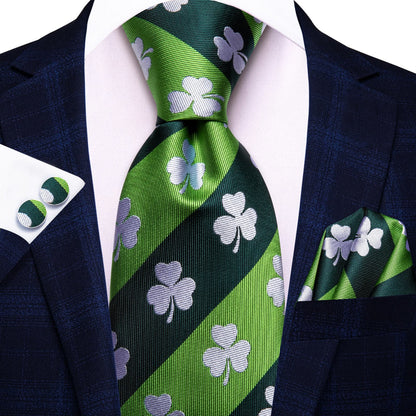 Emerald Shamrock Silk Tie, Pocket Square & Cufflinks Set tie sets - Sophisticated Gentlemen