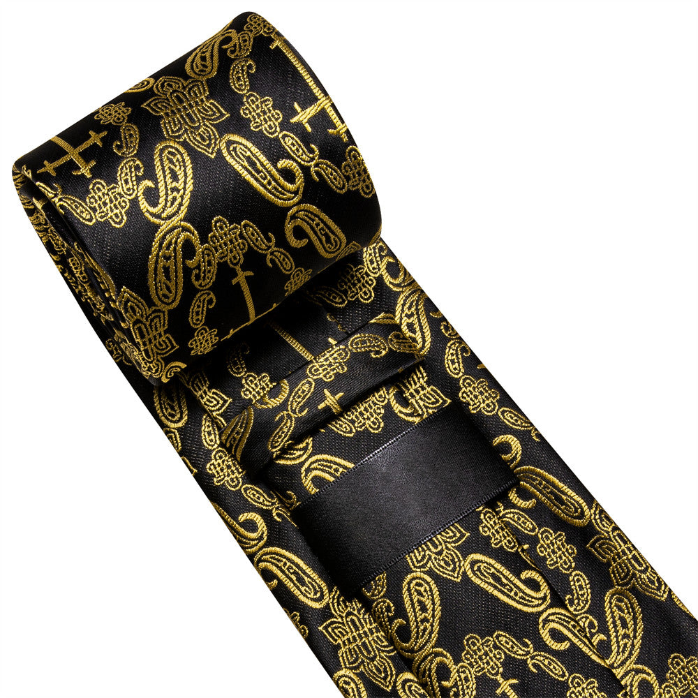Black & Gold Cross Paisley Silk Tie, Pocket Square & Cufflinks Set tie set - Sophisticated Gentlemen