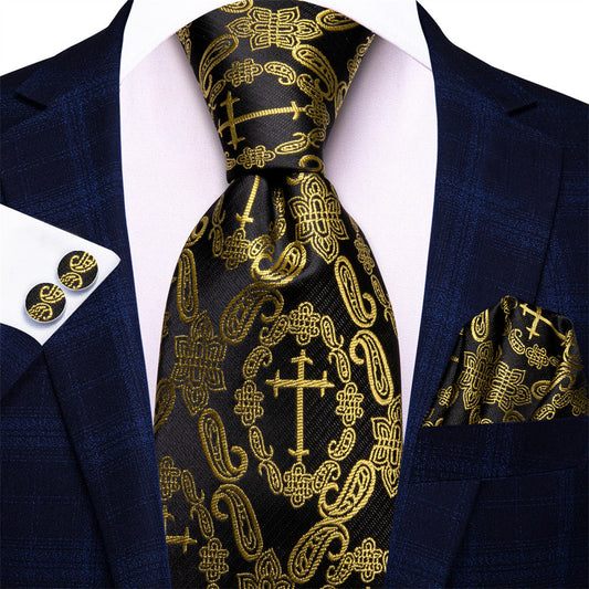 Black & Gold Cross Paisley Silk Tie, Pocket Square & Cufflinks Set tie set - Sophisticated Gentlemen