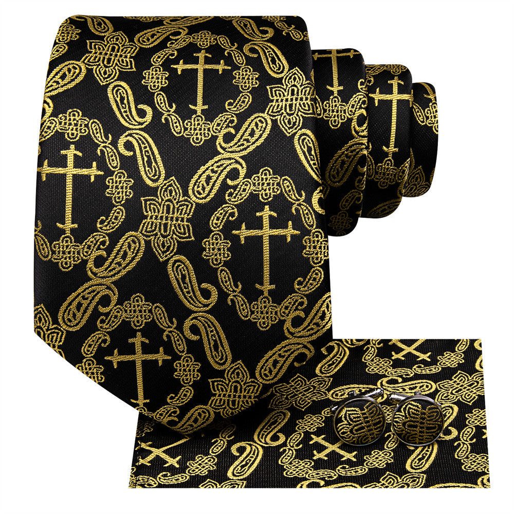 Black & Gold Cross Paisley Silk Tie, Pocket Square & Cufflinks Set tie set - Sophisticated Gentlemen