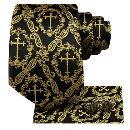 Black & Gold Cross Paisley Silk Tie, Pocket Square & Cufflinks Set tie set - Sophisticated Gentlemen