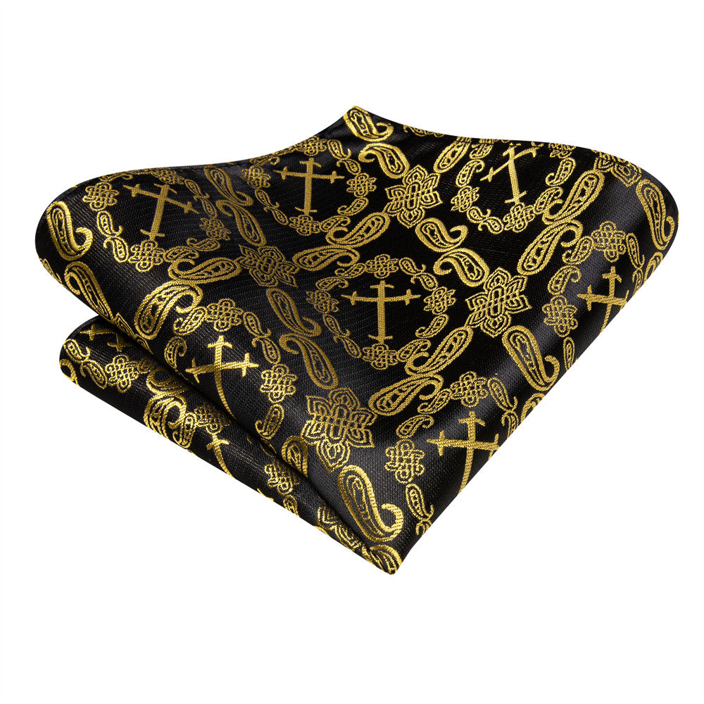 Black & Gold Cross Paisley Silk Tie, Pocket Square & Cufflinks Set tie set - Sophisticated Gentlemen