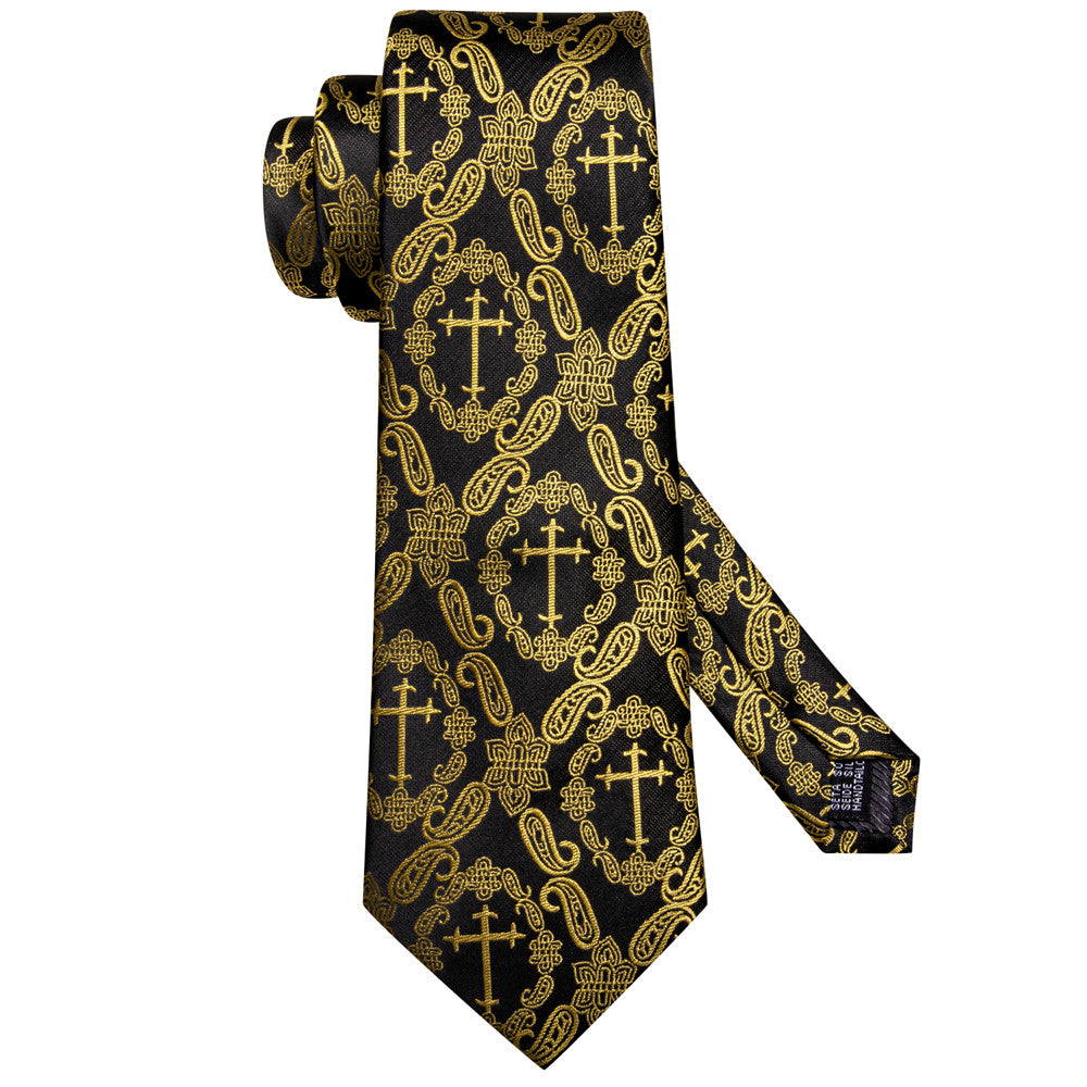Black & Gold Cross Paisley Silk Tie, Pocket Square & Cufflinks Set tie set - Sophisticated Gentlemen
