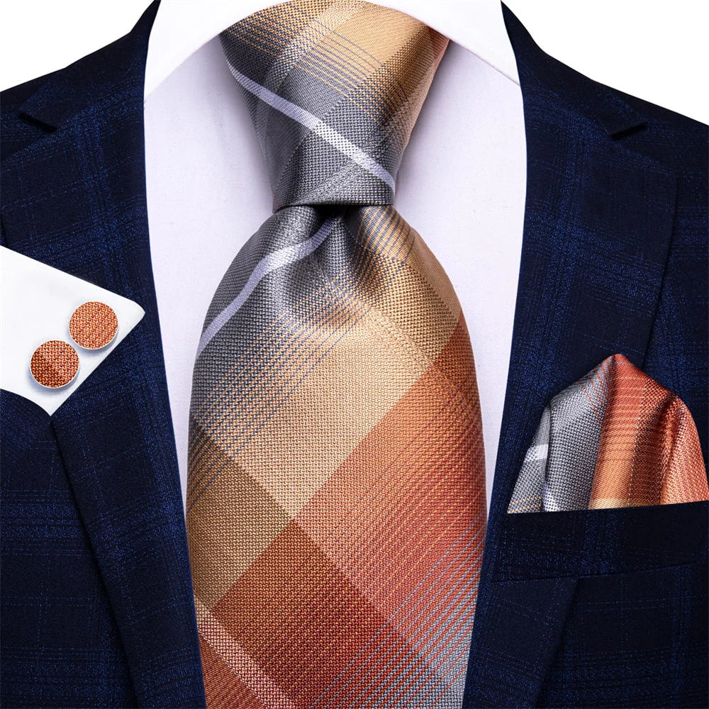 Copper gray plaid silk tie set styled with matching pocket square and cufflinks