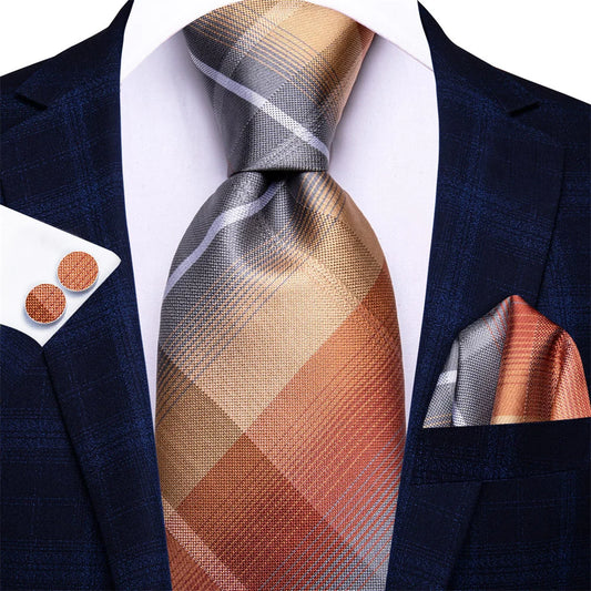Copper gray plaid silk tie set styled with matching pocket square and cufflinks