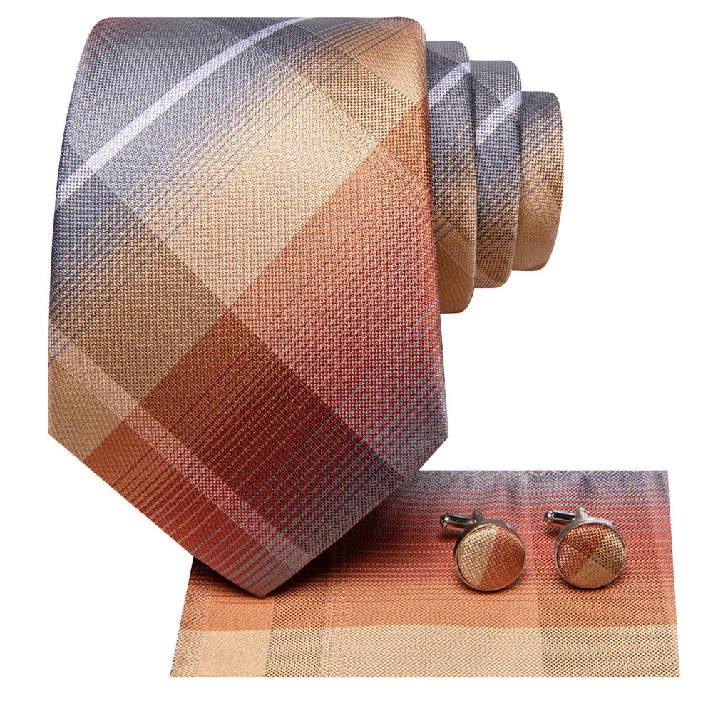 Copper and gray plaid silk tie set with pocket square and cufflinks on white background