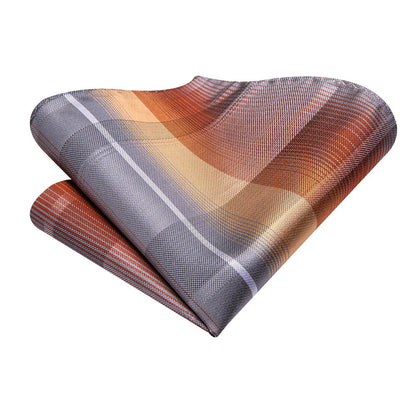 Copper Gray Plaid Silk Tie Set with Pocket Square and Cufflinks
