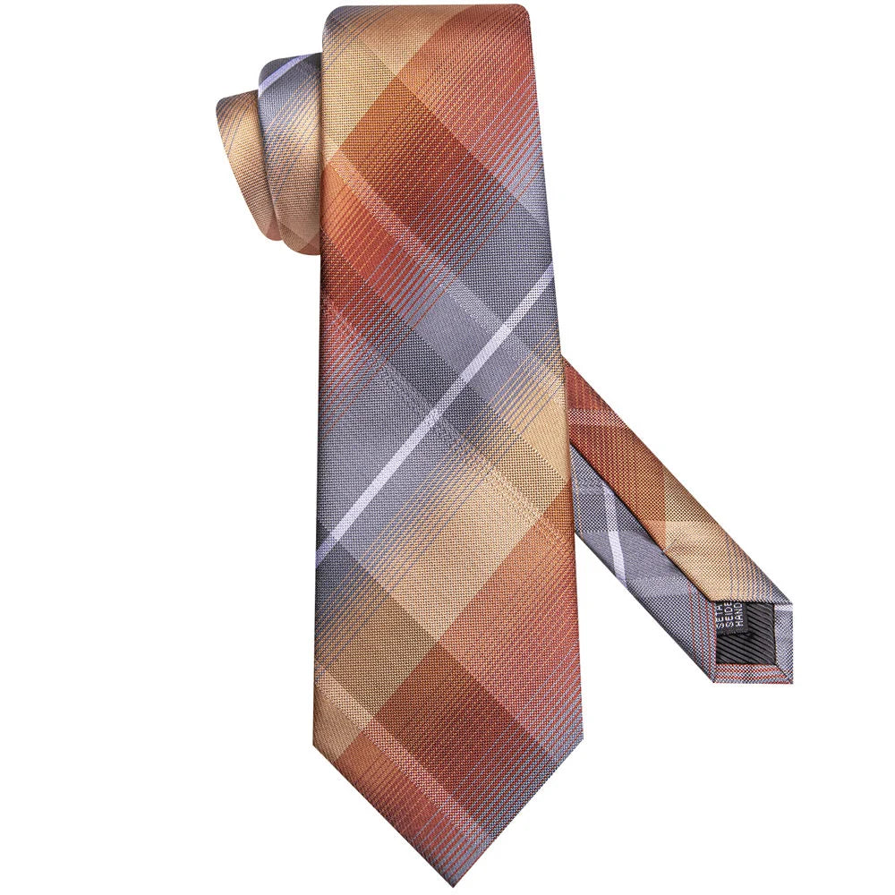 Full-length copper gray plaid silk necktie with matching woven pattern
