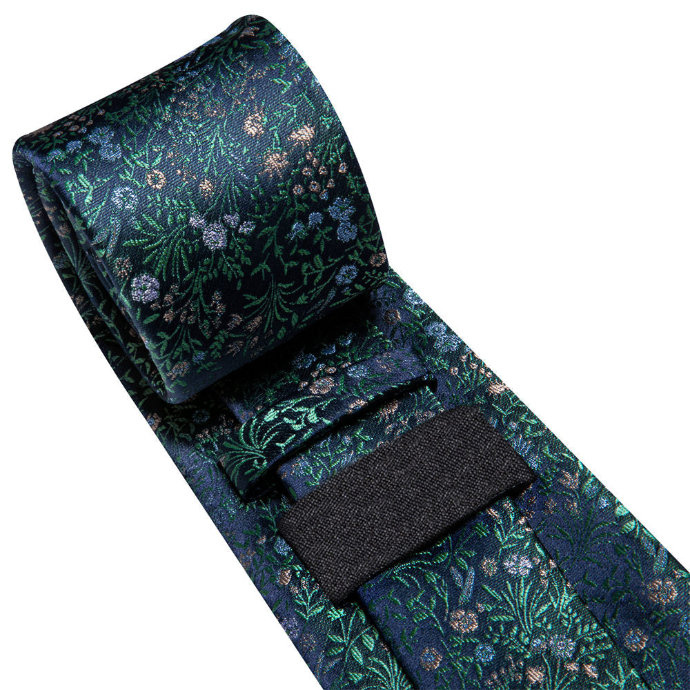 Navy & Emerald Green Floral Silk Tie, Pocket Square & Cufflinks Set