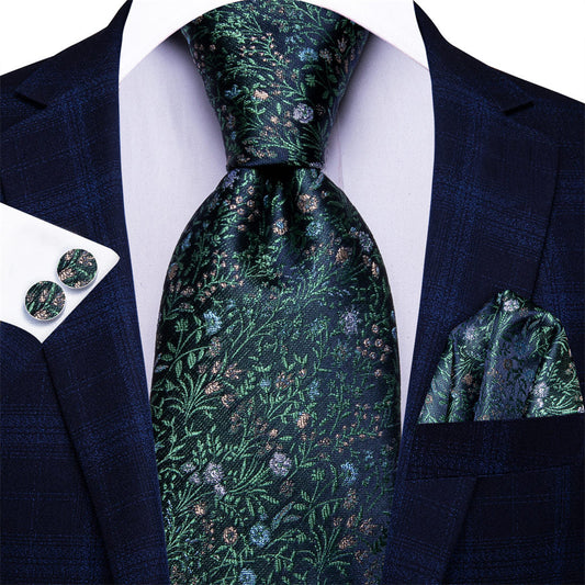 Navy & Emerald Green Floral Silk Tie, Pocket Square & Cufflinks Set
