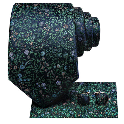 Navy & Emerald Green Floral Silk Tie, Pocket Square & Cufflinks Set