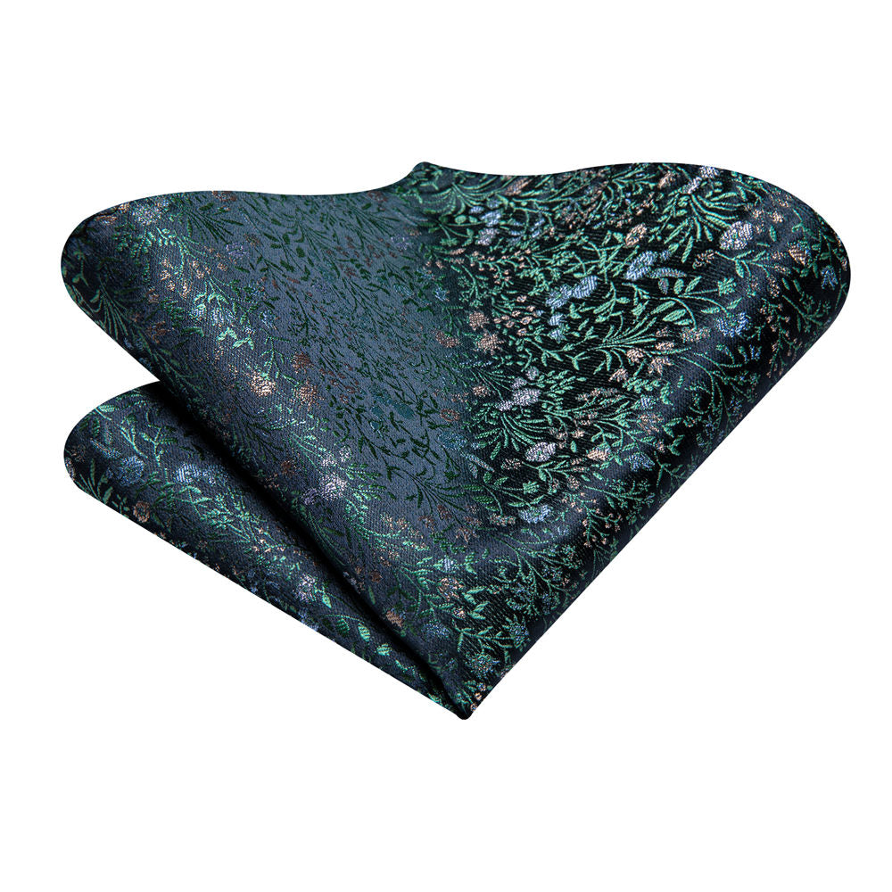 Navy & Emerald Green Floral Silk Tie, Pocket Square & Cufflinks Set