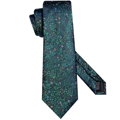 Navy & Emerald Green Floral Silk Tie, Pocket Square & Cufflinks Set