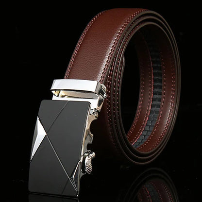 Matte Black and Silver Buckle Leather Belt Belt 43" Brown  - Sophisticated Gentlemen