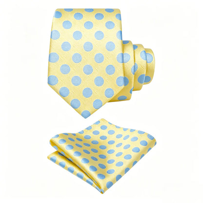 Yellow and light blue polka dot tie with matching pocket square for men