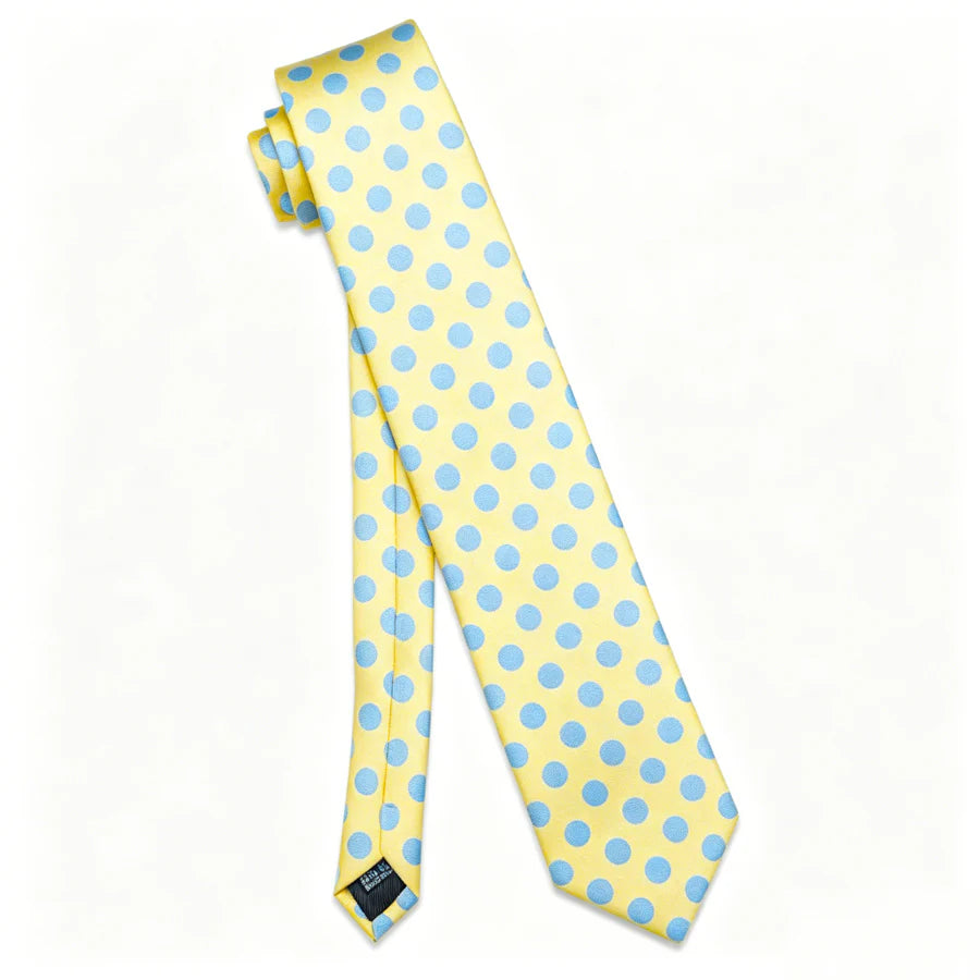Yellow polka dot silk necktie with light blue dots full length view