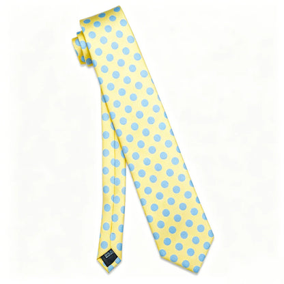 Yellow polka dot silk necktie with light blue dots full length view