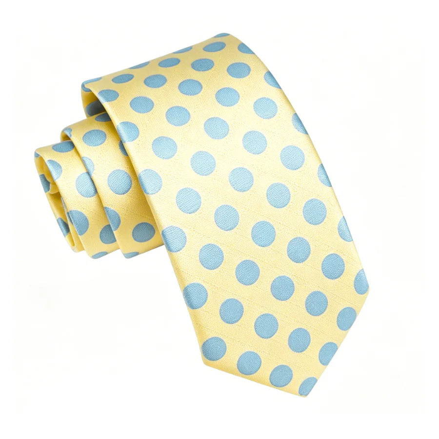 Yellow and light blue polka dot men’s tie with woven silk texture