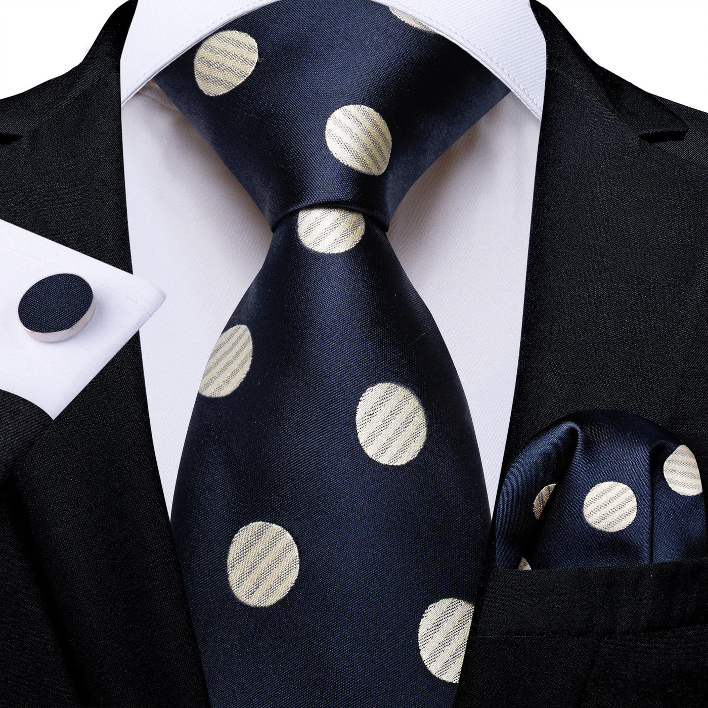 Navy Blue & Cream Polka Dot Silk Tie Set with Pocket Square and Cufflinks tie sets - Sophisticated Gentlemen