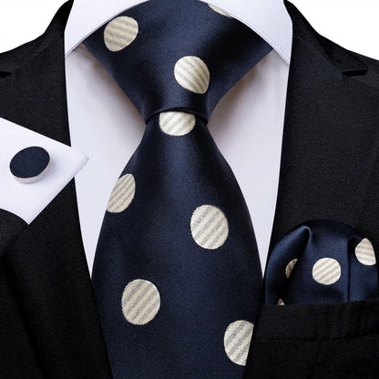 Navy Blue & Cream Polka Dot Silk Tie Set with Pocket Square and Cufflinks tie sets - Sophisticated Gentlemen