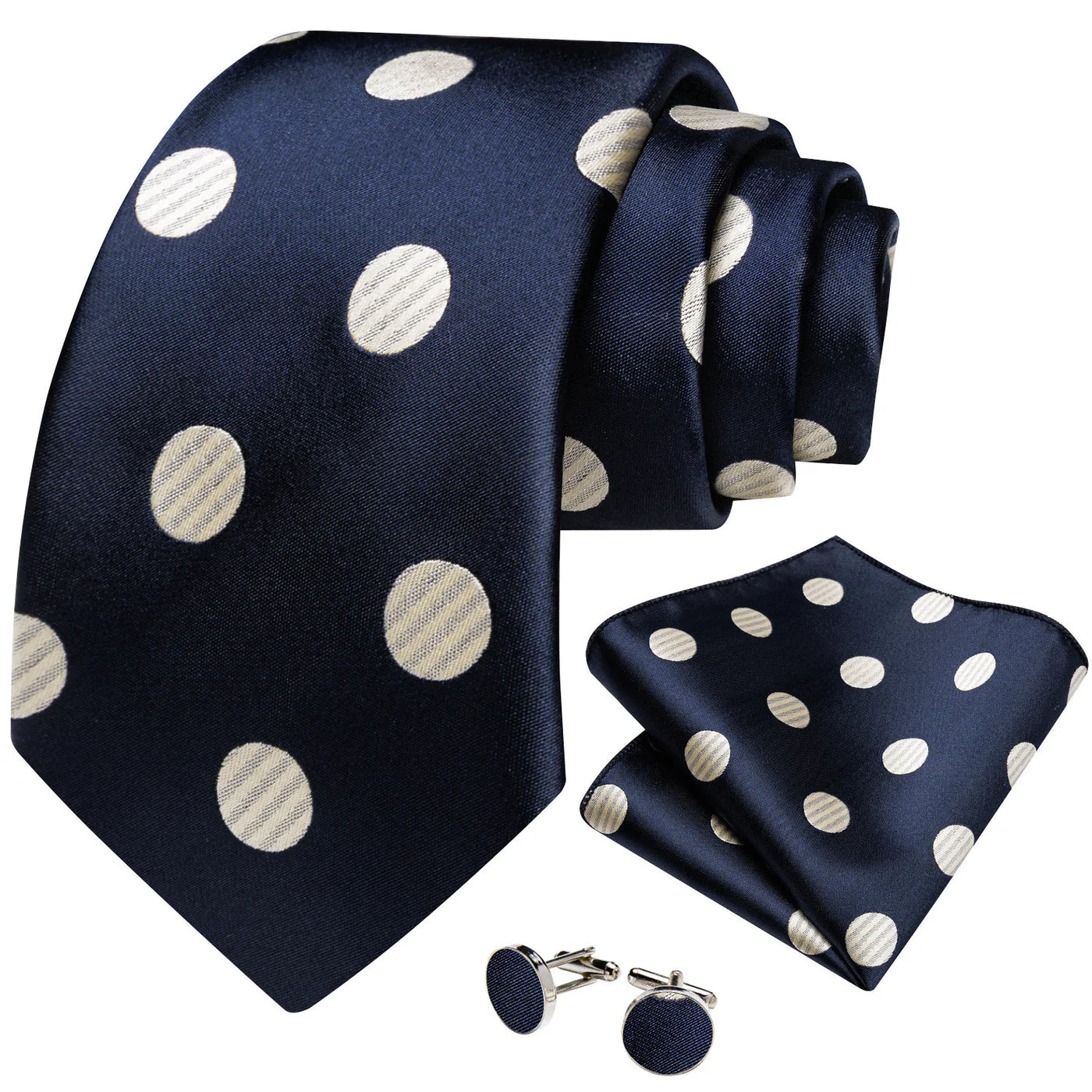 Navy Blue & Cream Polka Dot Silk Tie Set with Pocket Square and Cufflinks tie sets - Sophisticated Gentlemen