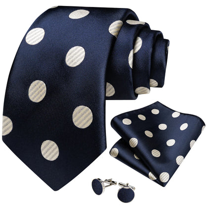 Navy Blue & Cream Polka Dot Silk Tie Set with Pocket Square and Cufflinks tie sets - Sophisticated Gentlemen