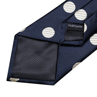 Navy Blue & Cream Polka Dot Silk Tie Set with Pocket Square and Cufflinks tie sets - Sophisticated Gentlemen