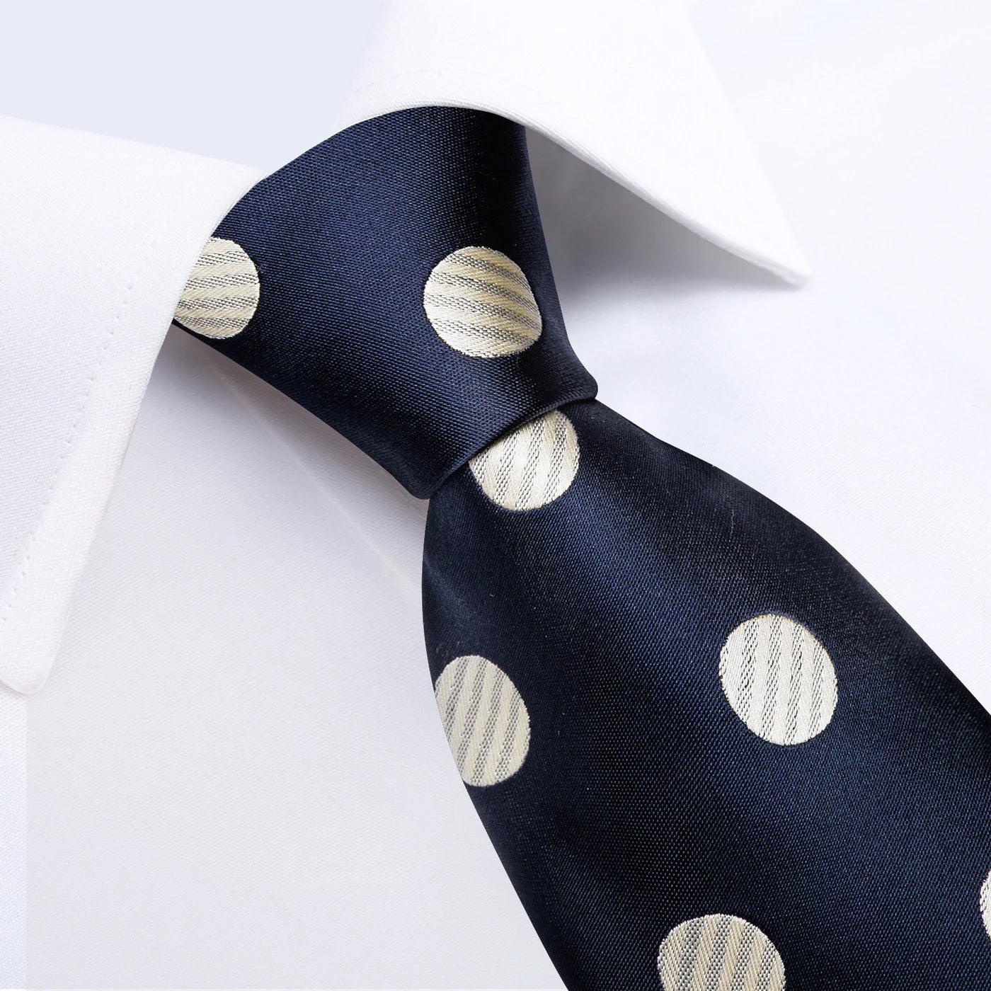 Navy Blue & Cream Polka Dot Silk Tie Set with Pocket Square and Cufflinks tie sets - Sophisticated Gentlemen