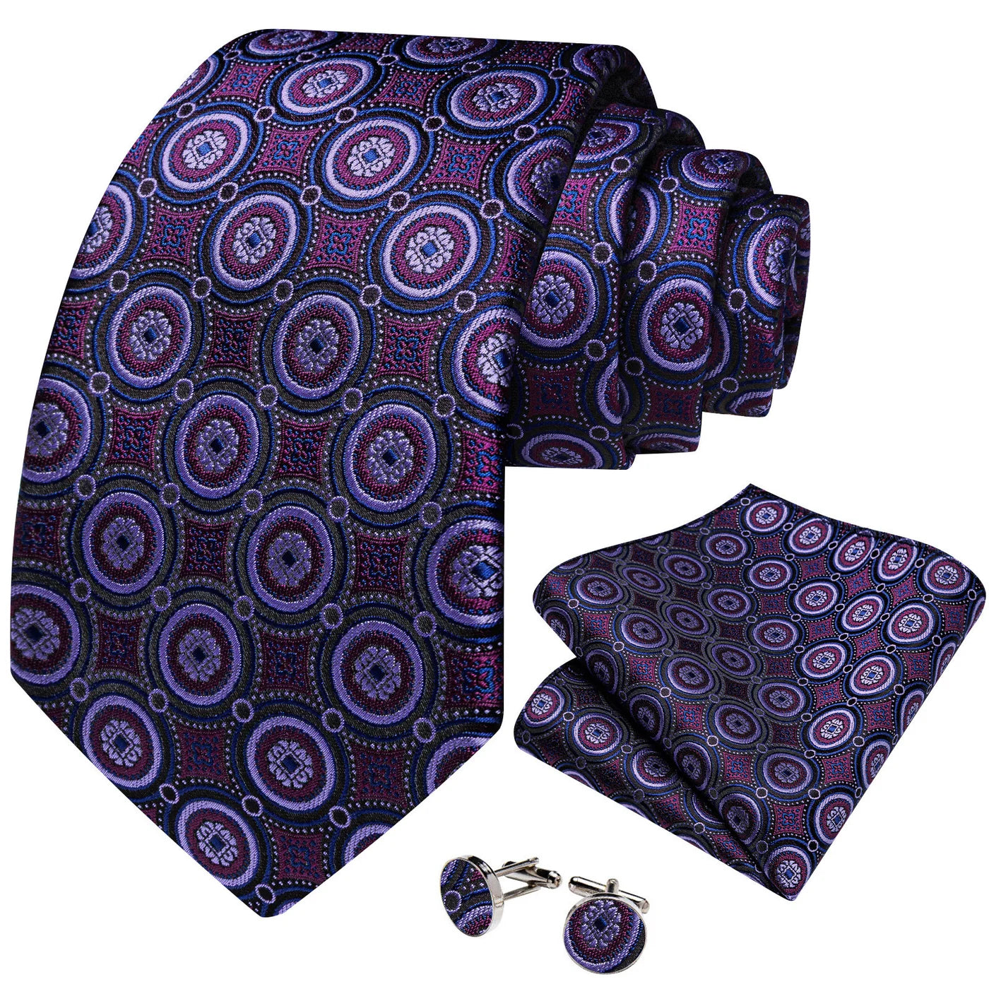 Purple medallion tie set with matching pocket square and cufflinks