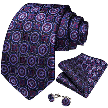 Purple medallion tie set with matching pocket square and cufflinks