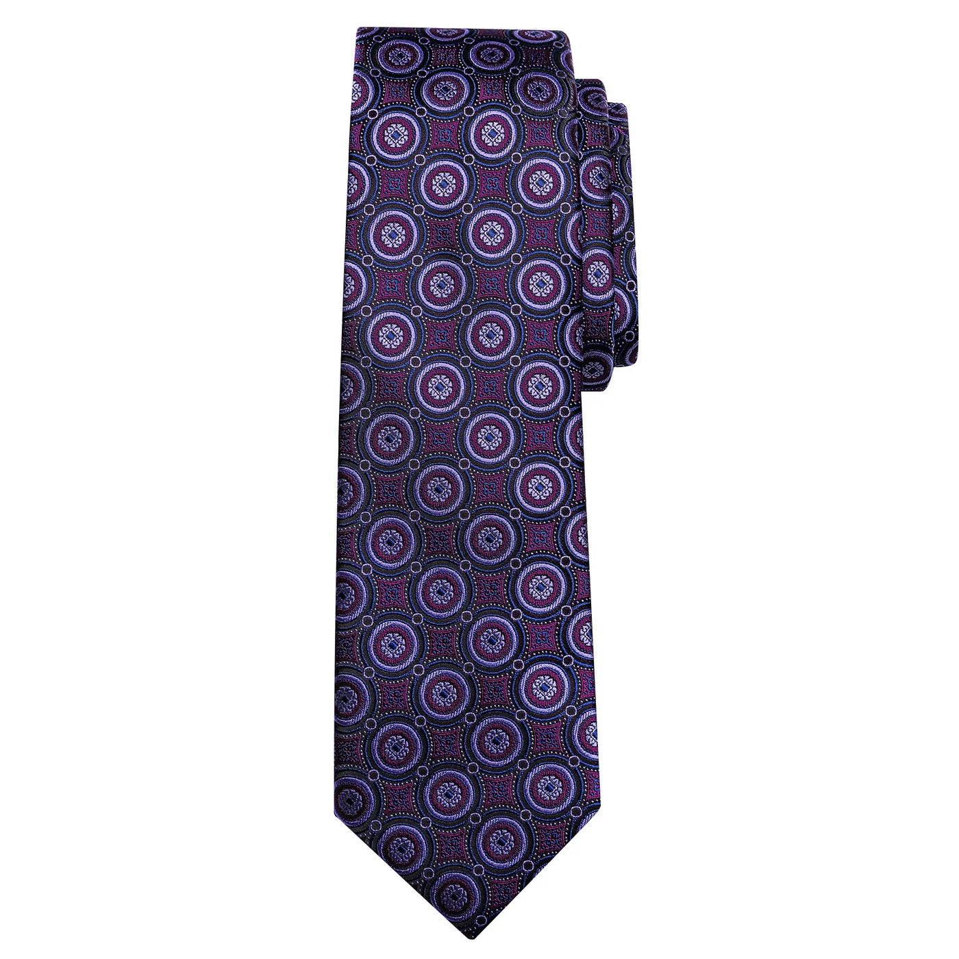 Purple medallion silk tie full-length view with geometric woven design