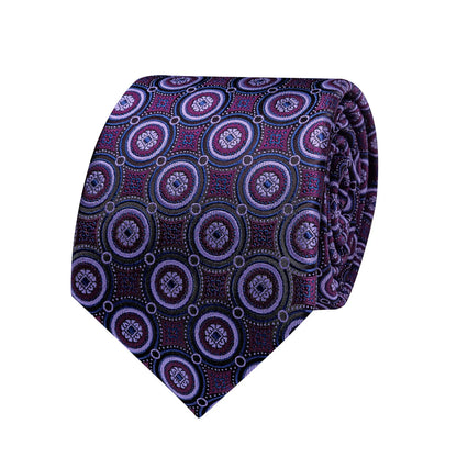 Rolled purple medallion silk tie with elegant circular pattern