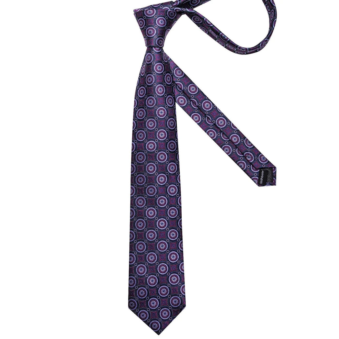 Full-length purple medallion silk necktie with matching geometric design