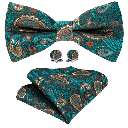 Teal Blue Paisley Silk Bow Tie Set bow ties    - Sophisticated Gentlemen