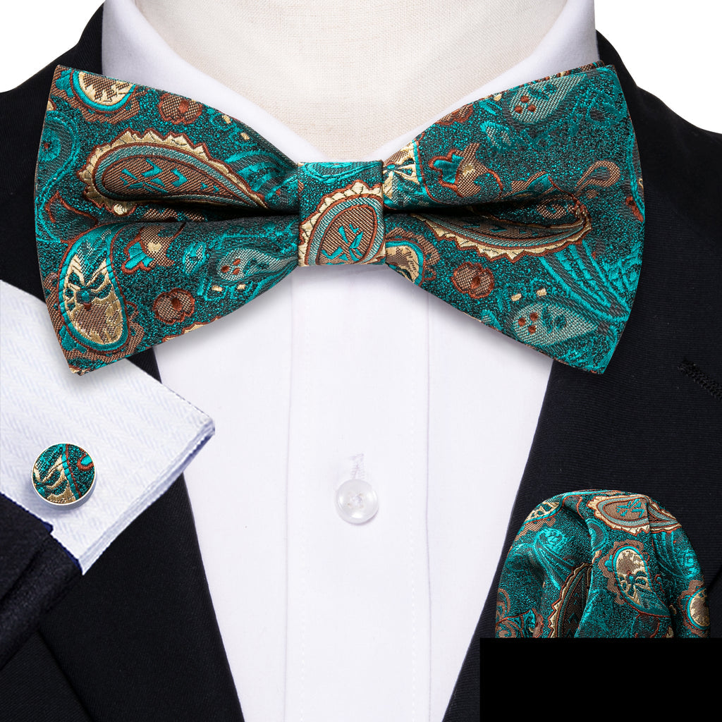 Teal Blue Paisley Silk Bow Tie Set bow ties    - Sophisticated Gentlemen