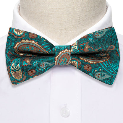 Teal Blue Paisley Silk Bow Tie Set bow ties    - Sophisticated Gentlemen