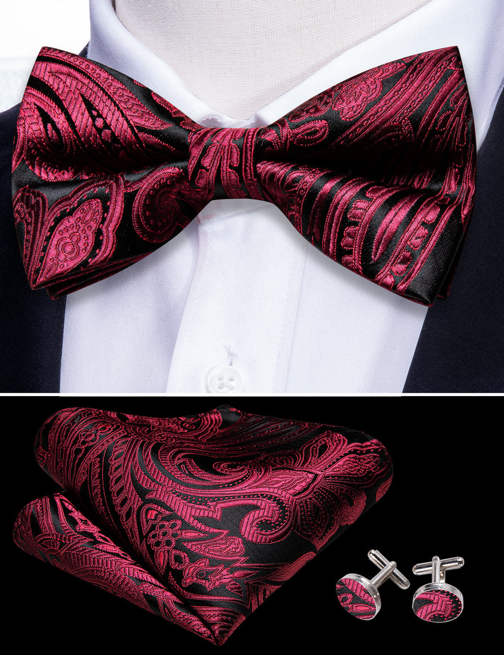 Red Black Paisley Bow Tie Set bow ties    - Sophisticated Gentlemen