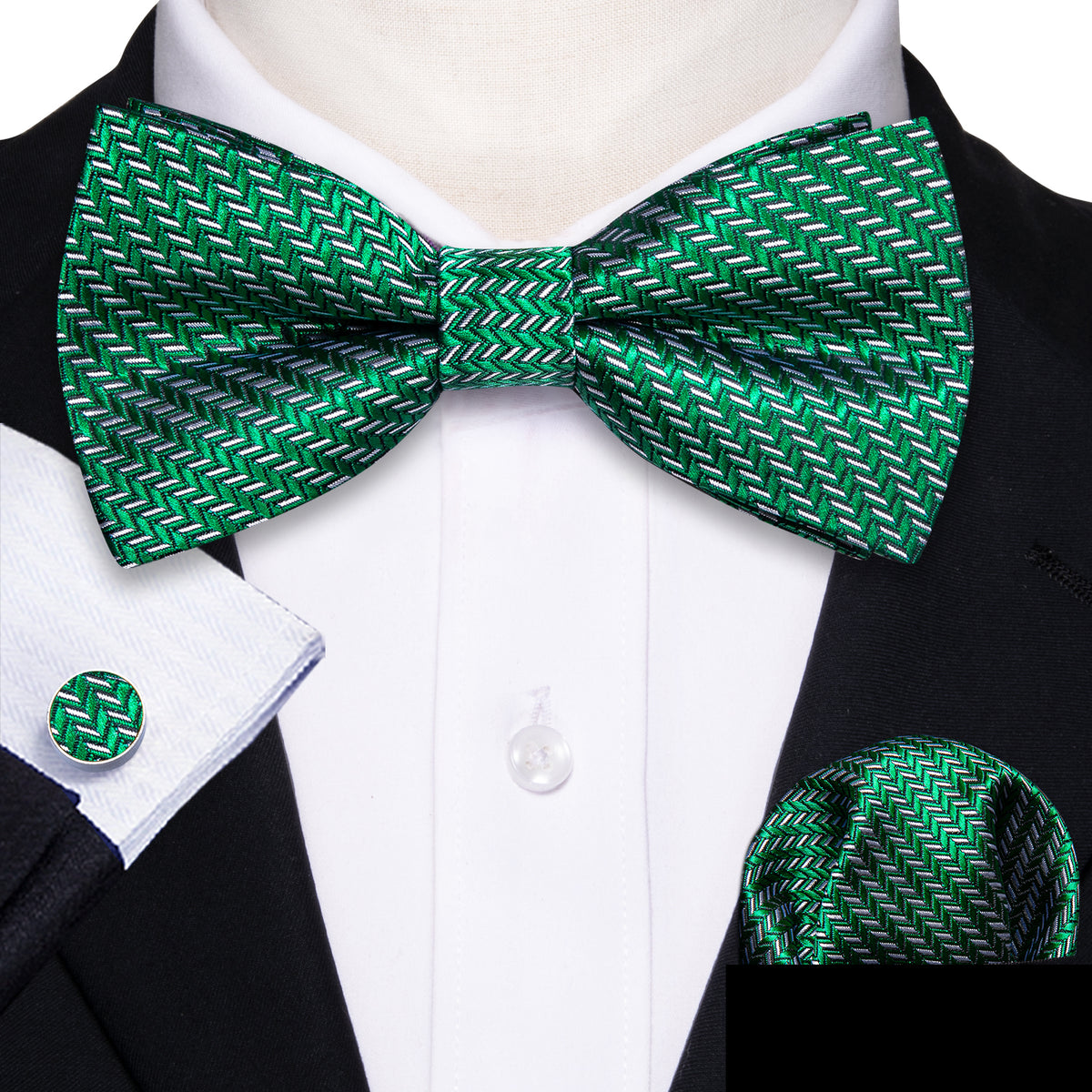 Green White Striped Silk Bow Tie Set bow ties    - Sophisticated Gentlemen