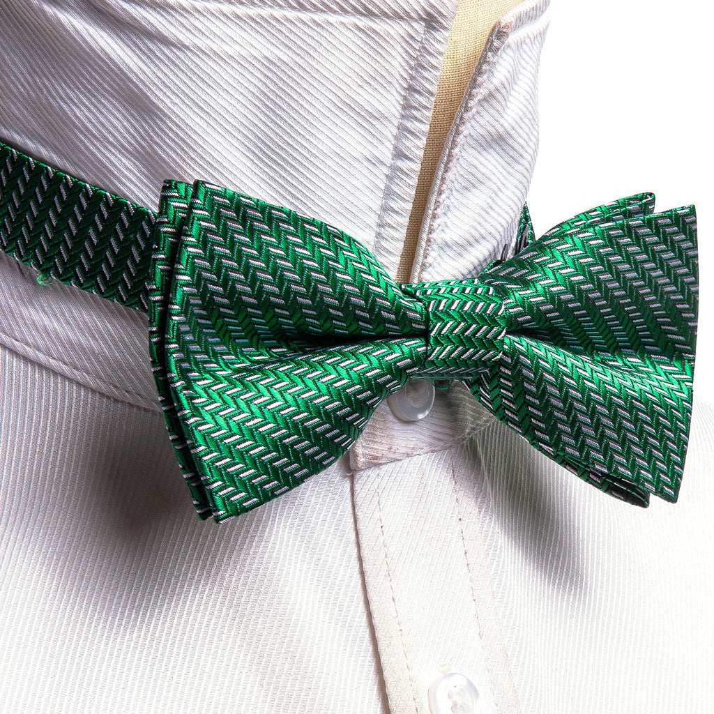 Green White Striped Silk Bow Tie Set bow ties    - Sophisticated Gentlemen