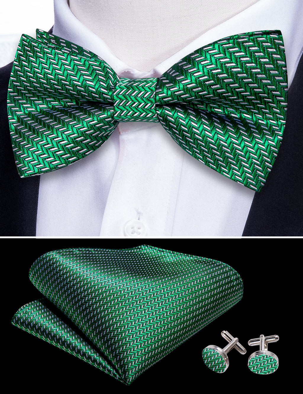 Green White Striped Silk Bow Tie Set bow ties    - Sophisticated Gentlemen