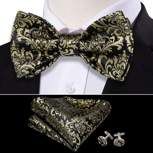 Black Yellow Floral Bow Tie Set bow ties    - Sophisticated Gentlemen
