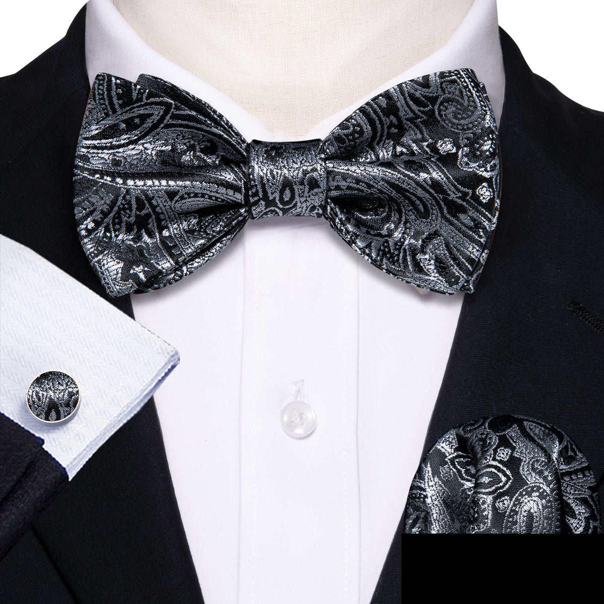 Grey Black Gold Paisley Bow Tie Set bow ties    - Sophisticated Gentlemen