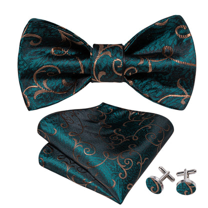 Green Gold Jacquard Floral Woven Silk Bow Tie Set bow ties    - Sophisticated Gentlemen
